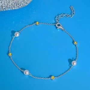 Silver Pearls and Yellow Gemstone Ankle Bracelet